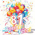 Des confettis animés, des ballons multicolores et un coffret cadeau dans un joyeux GIF de 81e anniversaire
