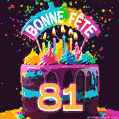 Gâteau au chocolat avec le numéro 81 orné d'un glaçage vibrant, de bougies et d'une décoration arc-en-ciel