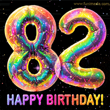 Shiny number 82 birthday celebration balloons with an iridescent glow and glitter on a black background with twinkling stars.