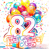 Animazione con palloncini colorati e scintillanti, accompagnata dal numero 82 in caratteri grandi e luminosi, e la scritta 'Tanti Auguri!' in stile vivace.