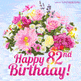 Happy 82nd Birthday Greeting Card - Beautiful Flowers and Flashing Sparkles