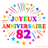 GIF animé joyeux anniversaire 82 ans avec étoiles multicolores et feu d’artifice