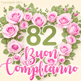 GIF per il 82° compleanno con un cuore di rose rosa e scritta elegante