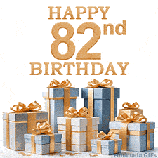 Festive animated eCard with elegant 'Happy 82nd Birthday' text above a pile of luxurious blue, white, and gold gift boxes and presents.