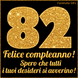 Un GIF animato per un 82° compleanno, Presenta il testo 'Buon Compleanno 82' su uno sfondo giallo vivo con palloncini colorati, festoni e una pioggia di coriandoli.