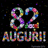 Il numero 82 e l'espressione Auguri disegnati da gioielli brillanti multicolori, circondati da piccole scintille su uno sfondo scuro.