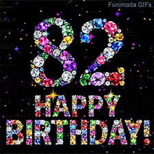 On a dark background, the number 82 and Happy Birthday phrase are formed using colorful shimmering jewels, accompanied by tiny animated twinkling bright stars.