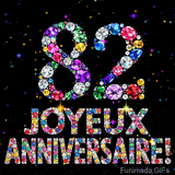 Le chiffre 82 et l'inscription Joyeux Anniversaire dessinés par des joyaux brillants multicolores, entourés de petites étincelles sur fond sombre.
