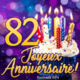 GIF d'anniversaire 82 ans avec le nombre 82 en or brillant, un gâteau féerique et un décor bokeh lumineux.