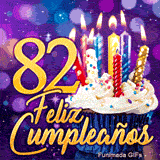 GIF de cumpleaños 82 años con el número 82 en oro brillante, una tarta mágica y un ambiente de luces bokeh.