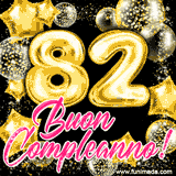 Animazione con palloncini dorati a forma del numero 82, circondati da decorazioni scintillanti e la scritta 'Buon Compleanno!' in caratteri rosa accattivanti.