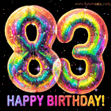 Shiny number 83 birthday celebration balloons with an iridescent glow and glitter on a black background with twinkling stars.