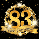 Il numero 83 è circondato da un anello dorato brillante, accompagnato da un nastro elegante con la scritta 'Buon Compleanno!' su uno sfondo scuro.