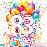 Animazione con palloncini colorati e scintillanti, accompagnata dal numero 83 in caratteri grandi e luminosi, e la scritta 'Tanti Auguri!' in stile vivace.