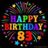 A birthday cake with lit candles is shown with colorful balloons and animated confetti.