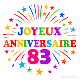 GIF animé joyeux anniversaire 83 ans avec étoiles multicolores et feu d’artifice