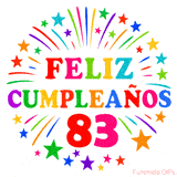Imagen animada para felicitar los 83 años con letras de colores y diseño festivo.