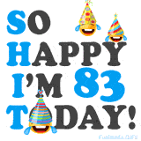A fun birthday animation celebrating turning 83 with colorful party hats, smiling faces, and cheerful emojis.