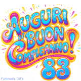 GIF animata con la scritta 'Auguri di Buon Compleanno 83' in colori vivaci e stile artistico festoso.