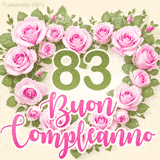 GIF per il 83° compleanno con un cuore di rose rosa e scritta elegante