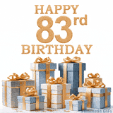 Festive animated eCard with elegant 'Happy 83rd Birthday' text above a pile of luxurious blue, white, and gold gift boxes and presents.