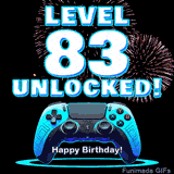 Animated GIF for a 83 birthday. The text 'Level 83 Unlocked!' and 'Happy Birthday!' are displayed over a blue video game controller with exploding fireworks in the background.