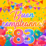 Un GIF animato per un 83° compleanno, Presenta il testo 'Buon Compleanno 83' su uno sfondo giallo vivo con palloncini colorati, festoni e una pioggia di coriandoli.
