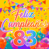 Un GIF animado para un 83º cumpleaños, Muestra el texto 'Feliz Cumpleaños 83' sobre un fondo amarillo vibrante con globos de colores, banderines y una lluvia de confeti.