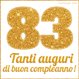 GIF animata per un 83° compleanno, Mostra il numero 83 in grandi caratteri dorati pieni di glitter scintillante, Sotto, la scritta 'Tanti auguri di buon compleanno!' in un elegante oro.