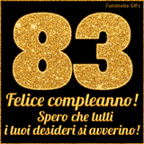 Un GIF animato per un 83° compleanno, Presenta il testo 'Buon Compleanno 83' su uno sfondo giallo vivo con palloncini colorati, festoni e una pioggia di coriandoli.