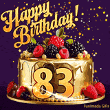 A delicious-looking animated birthday card for a 83rd birthday, decorated with raspberries, blackberries, and gold details, Stars sparkle and fall, with 'Happy Birthday!' text above.