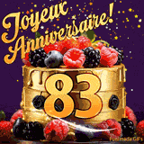 Une animation de célébration d'un gâteau de 83ème anniversaire, Des étoiles dorées tombent du ciel, mettant en valeur le texte 'Joyeux Anniversaire !' et le nombre doré 83 à l'avant du gâteau.