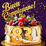 Un GIF animato di una bellissima torta per il 83° compleanno con glassa dorata e frutti di bosco freschi, Il numero dorato 83 è davanti, e stelle cadono su uno sfondo viola scuro.
