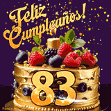 Una animación de celebración de una tarta para el 83º cumpleaños, Estrellas doradas caen del cielo, destacando el texto '¡Feliz Cumpleaños!' y el número dorado 83 en la tarta.