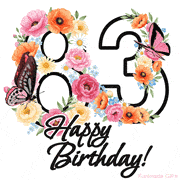 A floral 83rd birthday animated greeting card. The number '83' is surrounded by animated flowers and butterflies, creating a beautiful and cheerful way to celebrate the milestone.