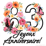 Ce GIF de Joyeux 83ème Anniversaire présente le nombre vingt rempli d'un bouquet vibrant de fleurs animées, avec des papillons qui bougent doucement sur un fond blanc.