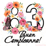 Questo GIF di Buon 83° Compleanno mostra il numero venti riempito con un vibrante bouquet di fiori animati, con farfalle che si muovono dolcemente su uno sfondo bianco.