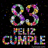Diseño que expone el número 83 junto a la frase FELIZ CUMPLE. Textos y números están conformados por joyas de colores sobre un fondo negro.
