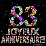 Image animée montrant le chiffre 83 et le texte Joyeux Anniversaire composés de pierres précieuses, avec un effet de scintillement sur fond noir.