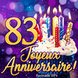 Carte virtuelle animée 83 ans illustrant le chiffre 83 doré, un cupcake d'anniversaire et des bougies colorées.