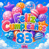 Tarjeta virtual animada 83 años ilustrando el número 83 azul, un racimo de globos estampados y serpentinas al aire.