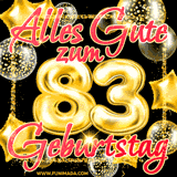 A vibrant greeting card featuring colorful balloons in the background with the large number '83' and the words 'Happy Birthday!' in glowing, bold text