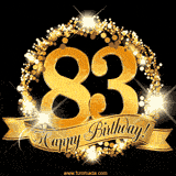 A golden 83rd birthday GIF features a decorative circle and ribbon. The design sparkles with light and gold accents against a black background.