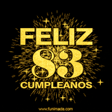 GIF animado con un diseño dorado, mostrando el número 83 rodeado de fuegos artificiales y luces que resaltan una atmósfera festiva y vibrante.