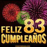 GIF animado con el número 83 en dorado, rodeado de fuegos artificiales rojos, verdes y morados, con el mensaje 'Feliz cumpleaños' en letras doradas.