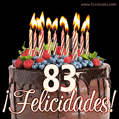 Feliz 83 cumpleaños pastel de chocolate. Imagen (GIF) con pastel y saludo.