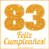 Imagen animada con el número 83 en diseño dorado brillante acompañado de la frase 'Feliz cumpleaños' sobre un fondo blanco simple y elegante.