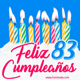 Animación de un pastel decorado con velas coloridas y encendidas, el número 83 destacado en azul y la frase 'Feliz cumpleaños' en letras estilizadas.