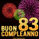 Animazione di fuochi d'artificio colorati con il numero 83 in oro brillante e la scritta 'Buon Compleanno' su uno sfondo nero festivo ed elegante.