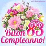 Bouquet animato con rose rosa, margherite e altri fiori colorati, con il numero 83 e la scritta 'Buon Compleanno!' in stile elegante e luminoso.